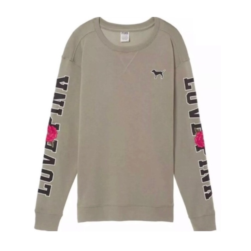 Victoria’s Secret VS PINK Olive Green Rose Embroidered Campus Crewneck Sweater